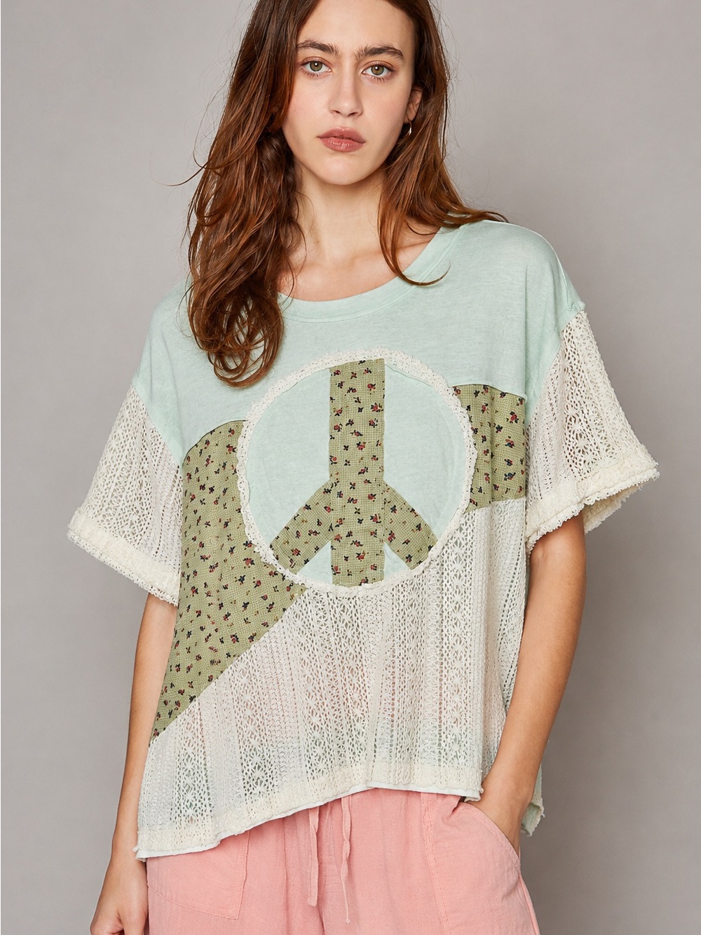 POL Mint and Cream Peace Sign Crochet Short Sleeve Tee